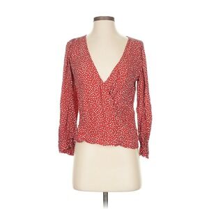 Madewell Red White Floral Print Cropped V Neck 3/4 Sleeve Wrap Top Blouse S